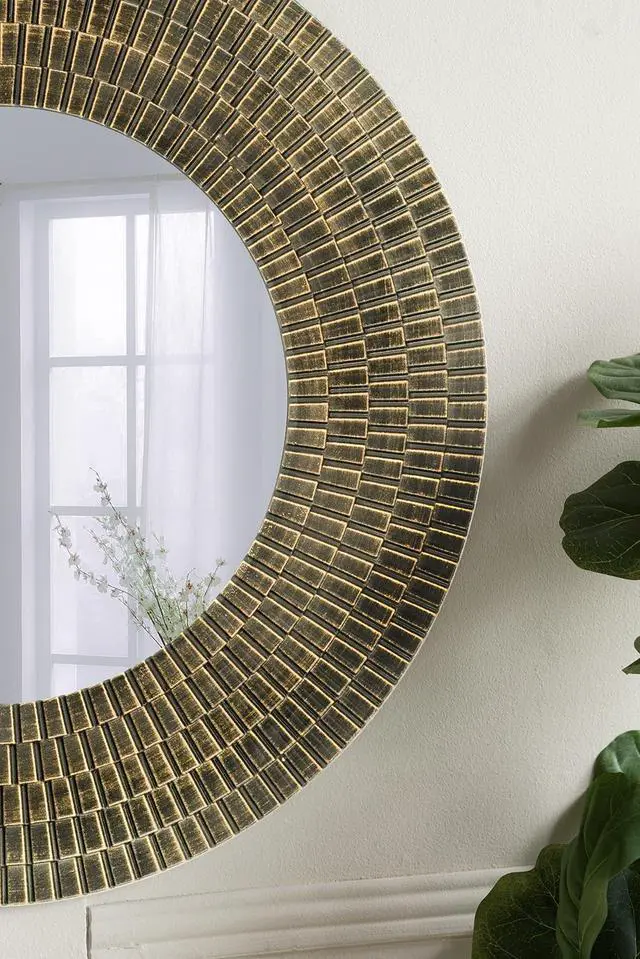 Alt view image 5 of 7 - D29.5" Round Black And Gold Wooden Accent Mirror With Woven Texture