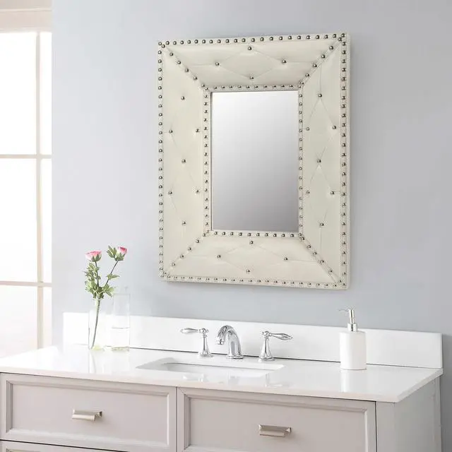 Alt view image 2 of 7 - WHITE Rectangle Decorative Wall Hanging Mirror,Rivet Decoration,PU Covered MDF Framed Mirror for Bedroom Living Room Vanity Entryway Wall Decor,21x26inch