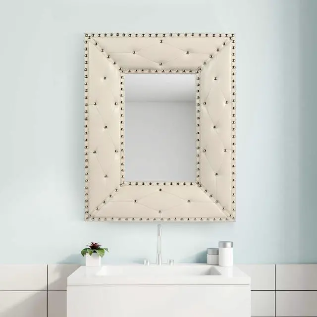 Main image of WHITE Rectangle Decorative Wall Hanging Mirror,Rivet Decoration,PU Covered MDF Framed Mirror for Bedroom Living Room Vanity Entryway Wall Decor,21x26inch