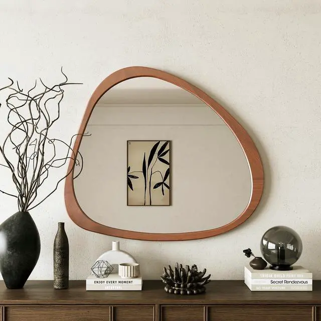 Alt view image 2 of 7 - Solid Wood Mirror 45 Inch Asymmetrical Wall Mirror Wooden Framed Mirror Large Sized Dressing Mirror, for Living Room, Bedroom, Bathroom, Hallway or Entry Way, Walnut