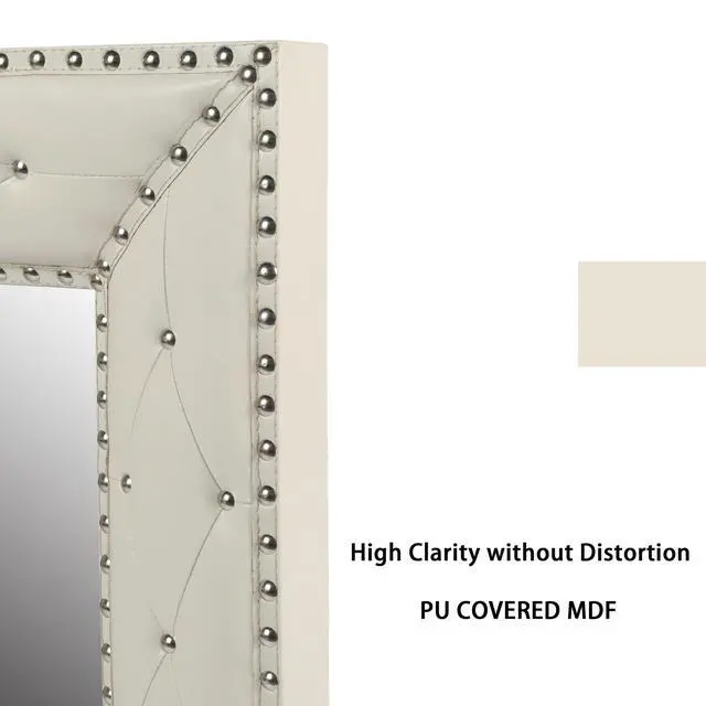 Alt view image 5 of 7 - WHITE Rectangle Decorative Wall Hanging Mirror,Rivet Decoration,PU Covered MDF Framed Mirror for Bedroom Living Room Vanity Entryway Wall Decor,21x26inch