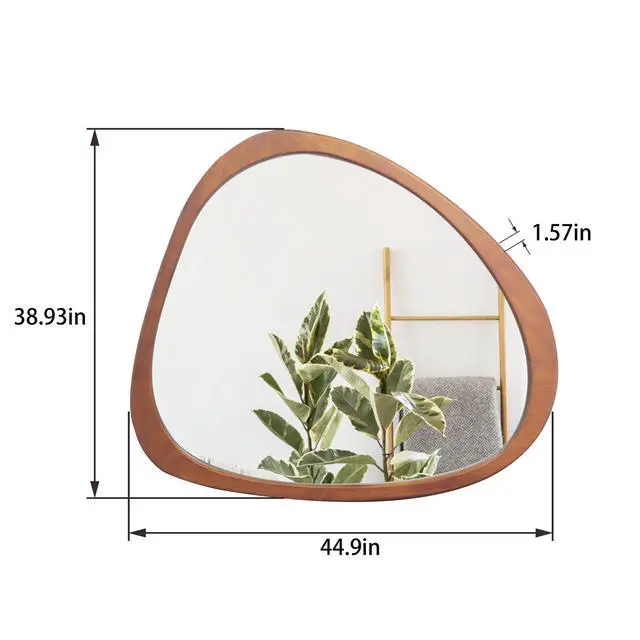 Alt view image 3 of 7 - Solid Wood Mirror 45 Inch Asymmetrical Wall Mirror Wooden Framed Mirror Large Sized Dressing Mirror, for Living Room, Bedroom, Bathroom, Hallway or Entry Way, Walnut