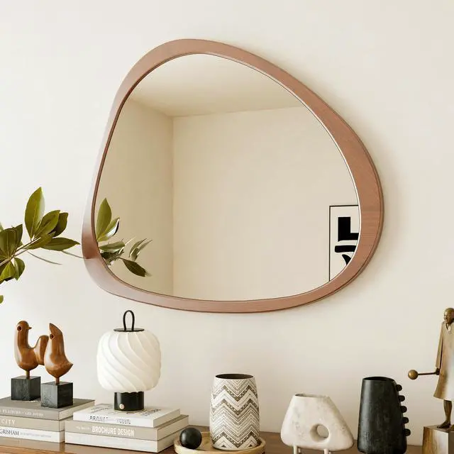 Alt view image 4 of 7 - Solid Wood Mirror 45 Inch Asymmetrical Wall Mirror Wooden Framed Mirror Large Sized Dressing Mirror, for Living Room, Bedroom, Bathroom, Hallway or Entry Way, Walnut
