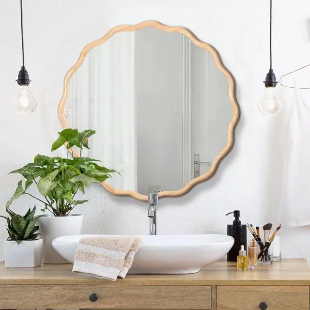 Main image of Solid Wood Wavy Mirror--Natural-Wood Vanity Mirror Wall Decor 31" x 31" Modern Mirror Wall Decor for Bathroom, Bedroom, Living Room, Dining Room, Cloakroom, Entryway
