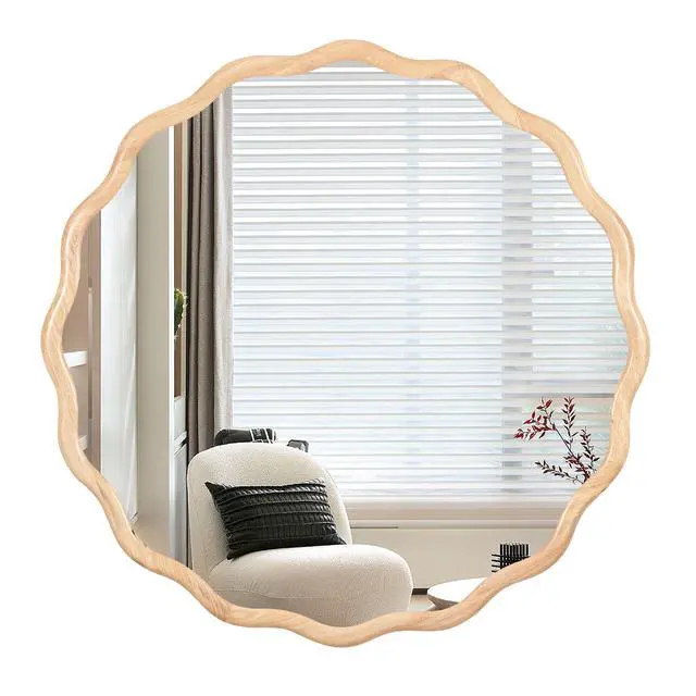 Alt view image 3 of 7 - Solid Wood Wavy Mirror--Natural-Wood Vanity Mirror Wall Decor 31" x 31" Modern Mirror Wall Decor for Bathroom, Bedroom, Living Room, Dining Room, Cloakroom, Entryway