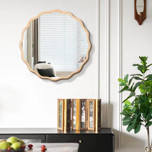 Alt view image 2 of 7 - Solid Wood Wavy Mirror--Natural-Wood Vanity Mirror Wall Decor 31" x 31" Modern Mirror Wall Decor for Bathroom, Bedroom, Living Room, Dining Room, Cloakroom, Entryway