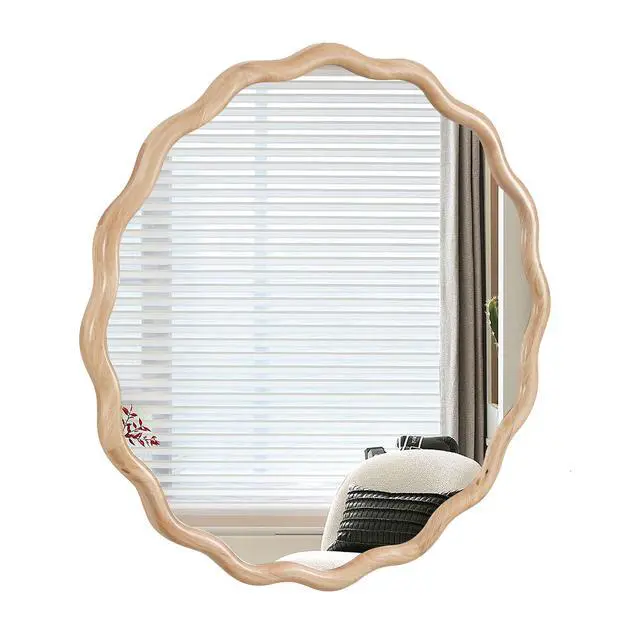 Alt view image 5 of 7 - Solid Wood Wavy Mirror--Natural-Wood Vanity Mirror Wall Decor 31" x 31" Modern Mirror Wall Decor for Bathroom, Bedroom, Living Room, Dining Room, Cloakroom, Entryway