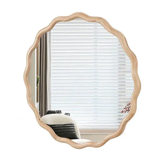 Alt view image 4 of 7 - Solid Wood Wavy Mirror--Natural-Wood Vanity Mirror Wall Decor 31" x 31" Modern Mirror Wall Decor for Bathroom, Bedroom, Living Room, Dining Room, Cloakroom, Entryway