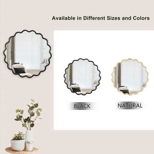 Alt view image 6 of 7 - Solid Wood Wavy Mirror-Black Mirror Wall Decor 31" x 31" Modern Mirror Wall Decor for Bathroom, Bedroom, Living Room, Dining Room, Cloakroom, Entryway