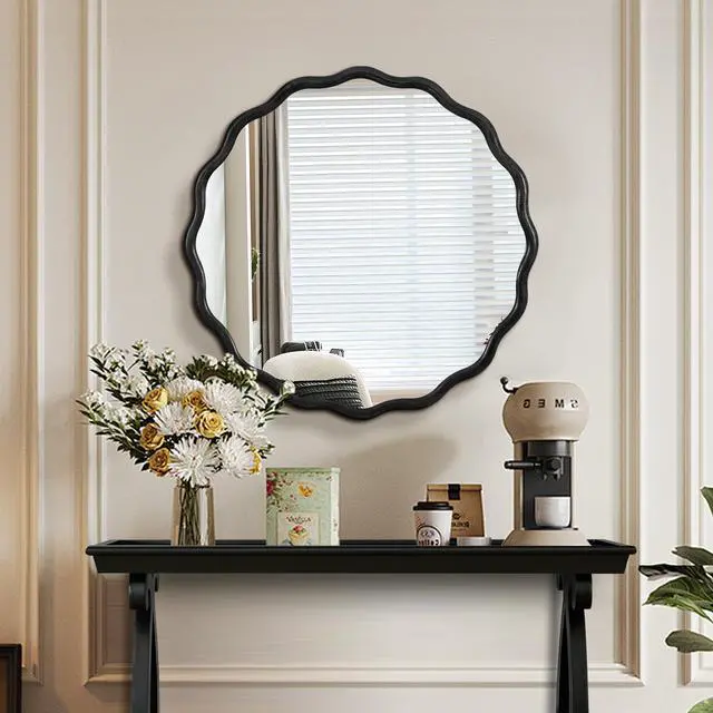 Alt view image 2 of 7 - Solid Wood Wavy Mirror-Black Mirror Wall Decor 31" x 31" Modern Mirror Wall Decor for Bathroom, Bedroom, Living Room, Dining Room, Cloakroom, Entryway