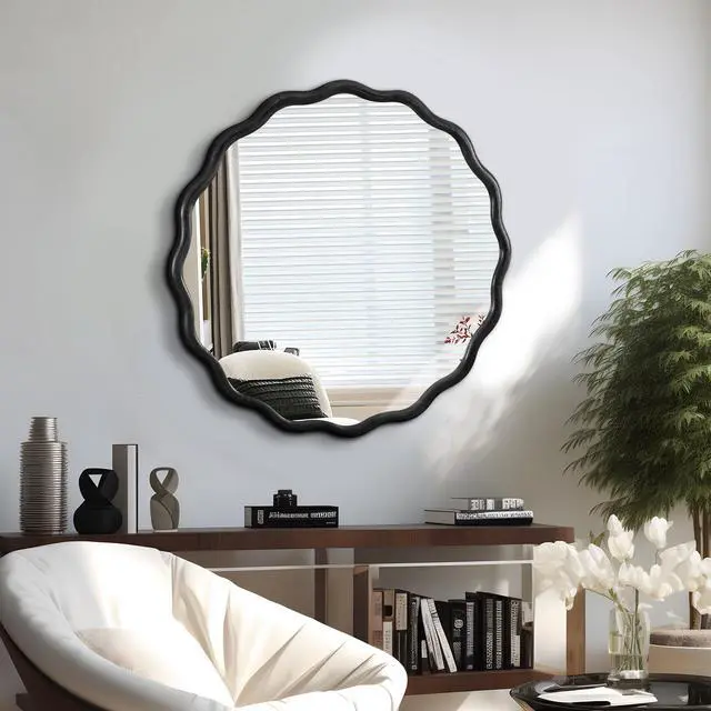 Main image of Solid Wood Wavy Mirror-Black Mirror Wall Decor 31" x 31" Modern Mirror Wall Decor for Bathroom, Bedroom, Living Room, Dining Room, Cloakroom, Entryway