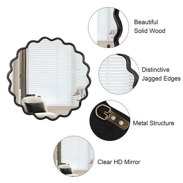 Alt view image 7 of 7 - Solid Wood Wavy Mirror-Black Mirror Wall Decor 31" x 31" Modern Mirror Wall Decor for Bathroom, Bedroom, Living Room, Dining Room, Cloakroom, Entryway