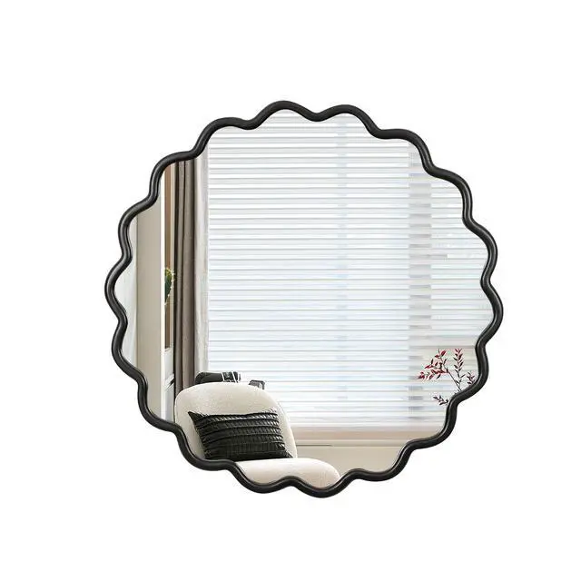 Alt view image 3 of 7 - Solid Wood Wavy Mirror-Black Mirror Wall Decor 31" x 31" Modern Mirror Wall Decor for Bathroom, Bedroom, Living Room, Dining Room, Cloakroom, Entryway