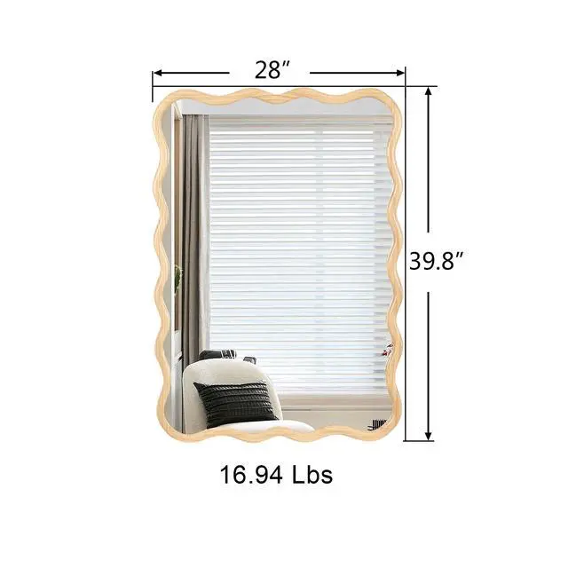 Alt view image 7 of 7 - Solid Wood Wavy Rectangle Mirror-Natural-Wood 40" x 28" Modern Mirror Wall Decor for Bathroom, Bedroom, Living Room, Dining Room, Cloakroom, Entryway