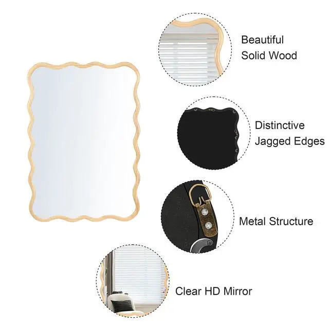 Alt view image 6 of 7 - Solid Wood Wavy Rectangle Mirror-Natural-Wood 40" x 28" Modern Mirror Wall Decor for Bathroom, Bedroom, Living Room, Dining Room, Cloakroom, Entryway