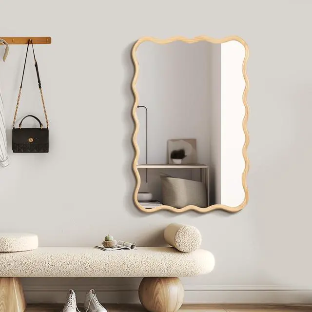 Alt view image 5 of 7 - Solid Wood Wavy Rectangle Mirror-Natural-Wood 40" x 28" Modern Mirror Wall Decor for Bathroom, Bedroom, Living Room, Dining Room, Cloakroom, Entryway