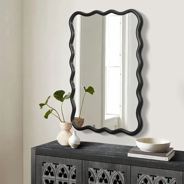 Alt view image 3 of 7 - Solid Wood Wavy Rectangle Mirror-Black 40" x 28" Modern Mirror Wall Decor for Bathroom, Bedroom, Living Room, Dining Room, Cloakroom, Entryway
