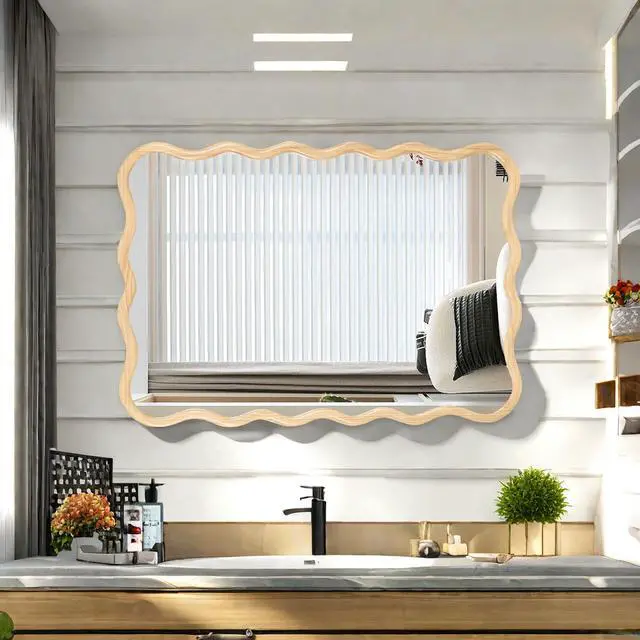 Alt view image 3 of 7 - Solid Wood Wavy Rectangle Mirror-Natural-Wood 40" x 28" Modern Mirror Wall Decor for Bathroom, Bedroom, Living Room, Dining Room, Cloakroom, Entryway