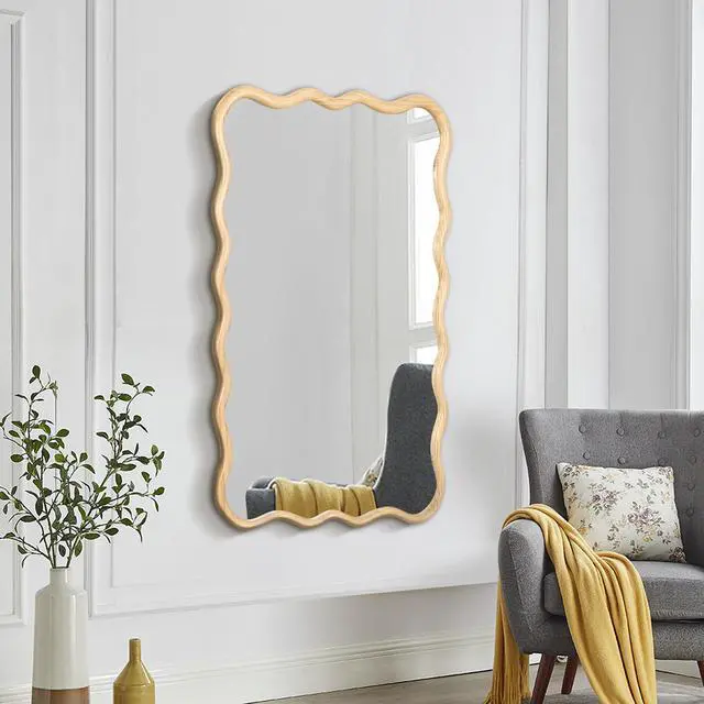 Alt view image 2 of 7 - Solid Wood Wavy Rectangle Mirror-Natural-Wood 40" x 28" Modern Mirror Wall Decor for Bathroom, Bedroom, Living Room, Dining Room, Cloakroom, Entryway