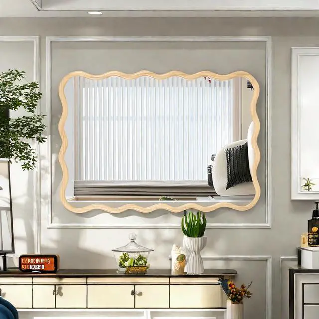 Main image of Solid Wood Wavy Rectangle Mirror-Natural-Wood 40" x 28" Modern Mirror Wall Decor for Bathroom, Bedroom, Living Room, Dining Room, Cloakroom, Entryway