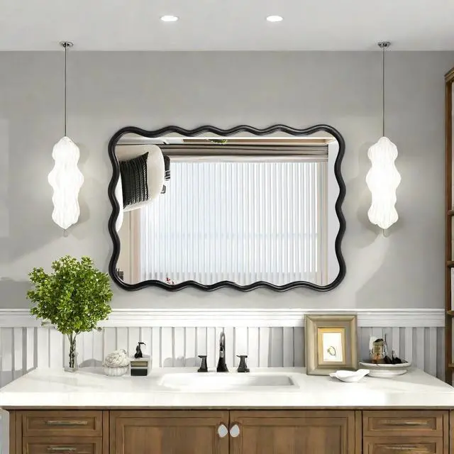 Alt view image 2 of 7 - Solid Wood Wavy Rectangle Mirror-Black 40" x 28" Modern Mirror Wall Decor for Bathroom, Bedroom, Living Room, Dining Room, Cloakroom, Entryway