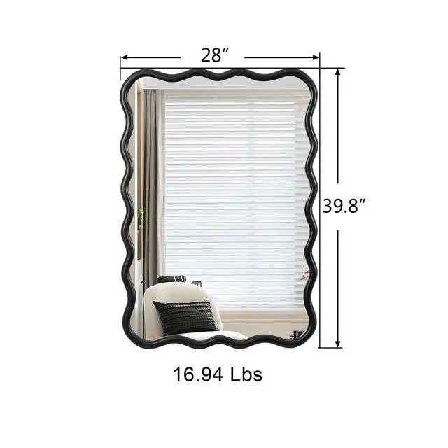 Alt view image 5 of 7 - Solid Wood Wavy Rectangle Mirror-Black 40" x 28" Modern Mirror Wall Decor for Bathroom, Bedroom, Living Room, Dining Room, Cloakroom, Entryway