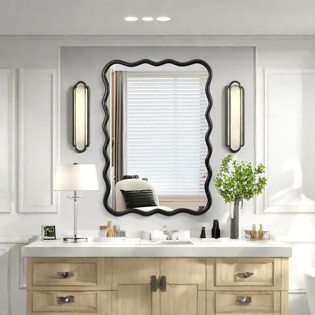 Alt view image 4 of 7 - Solid Wood Wavy Rectangle Mirror-Black 40" x 28" Modern Mirror Wall Decor for Bathroom, Bedroom, Living Room, Dining Room, Cloakroom, Entryway