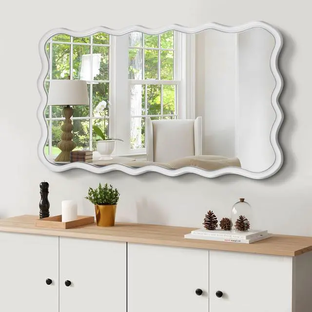 Alt view image 2 of 7 - Solid Wood Wavy Rectangle Mirror-Natural-Wood 40" x 28" Modern Mirror Wall Decor for Bathroom, Bedroom, Living Room, Dining Room, Cloakroom, Entryway