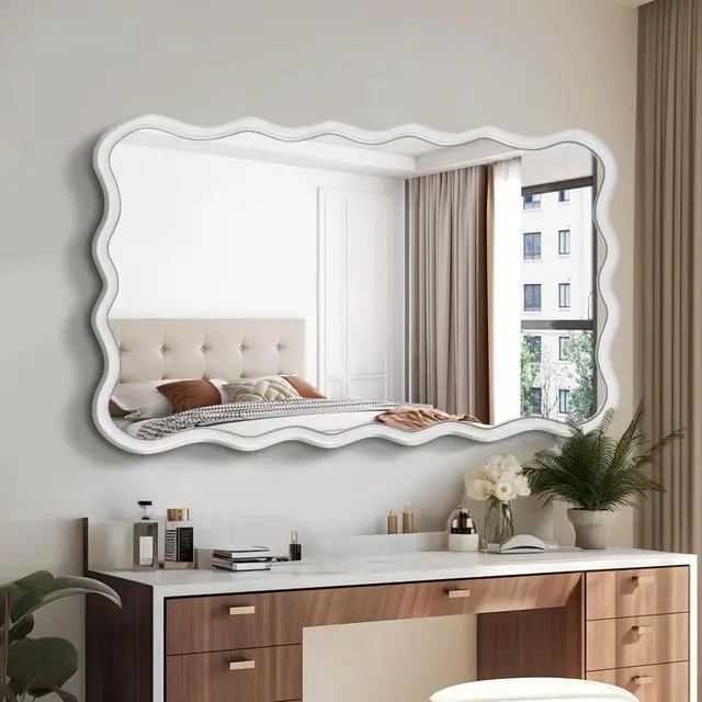 Main image of Solid Wood Wavy Rectangle Mirror-Natural-Wood 40" x 28" Modern Mirror Wall Decor for Bathroom, Bedroom, Living Room, Dining Room, Cloakroom, Entryway
