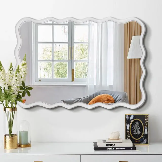 Alt view image 3 of 7 - Solid Wood Wavy Rectangle Mirror-Natural-Wood 40" x 28" Modern Mirror Wall Decor for Bathroom, Bedroom, Living Room, Dining Room, Cloakroom, Entryway