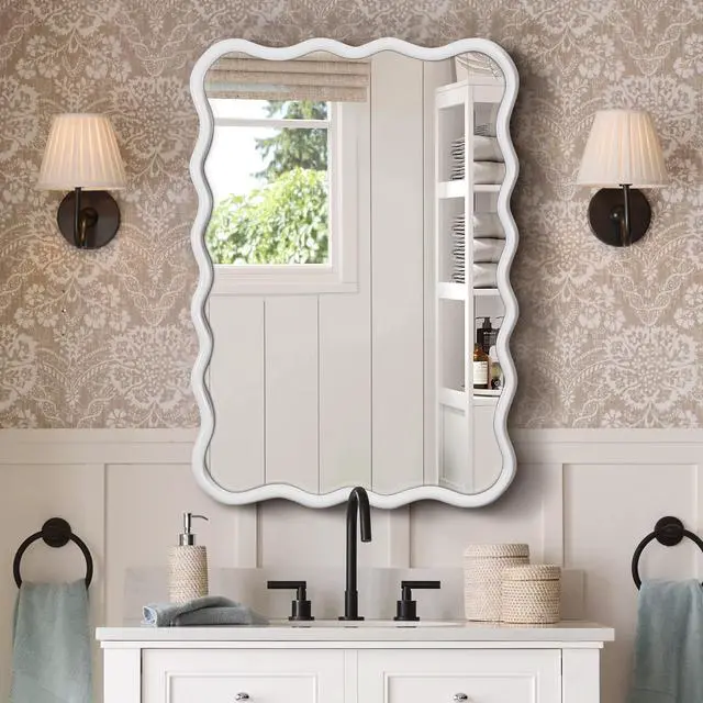 Alt view image 4 of 7 - Solid Wood Wavy Rectangle Mirror-Natural-Wood 40" x 28" Modern Mirror Wall Decor for Bathroom, Bedroom, Living Room, Dining Room, Cloakroom, Entryway