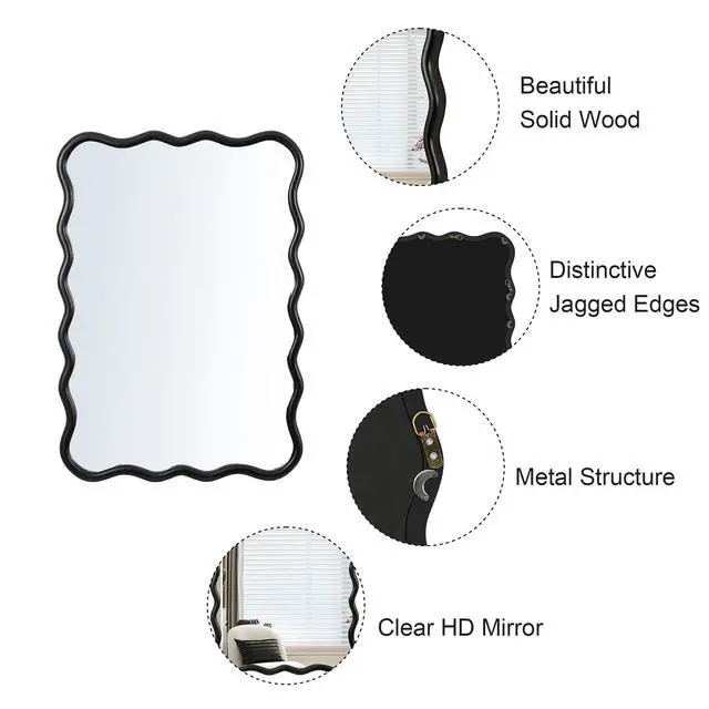 Alt view image 6 of 7 - Solid Wood Wavy Rectangle Mirror-Black 40" x 28" Modern Mirror Wall Decor for Bathroom, Bedroom, Living Room, Dining Room, Cloakroom, Entryway