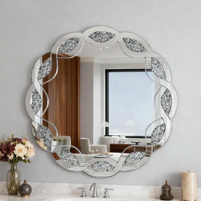Main image of Silver Crush Diamond Round Wall Mirror, 31.5 Inch Wave Frame Decorative Mirror for Living Room, Bathroom, Bedroom, Hallway, Heavy Duty Frame with 2 Hangers