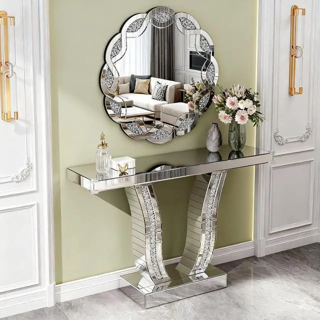 Alt view image 2 of 7 - Silver Crush Diamond Round Wall Mirror, 31.5 Inch Wave Frame Decorative Mirror for Living Room, Bathroom, Bedroom, Hallway, Heavy Duty Frame with 2 Hangers