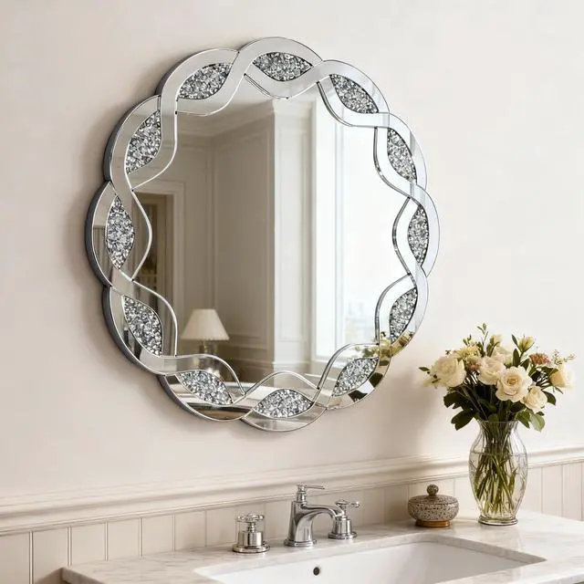 Alt view image 4 of 7 - Silver Crush Diamond Round Wall Mirror, 31.5 Inch Wave Frame Decorative Mirror for Living Room, Bathroom, Bedroom, Hallway, Heavy Duty Frame with 2 Hangers