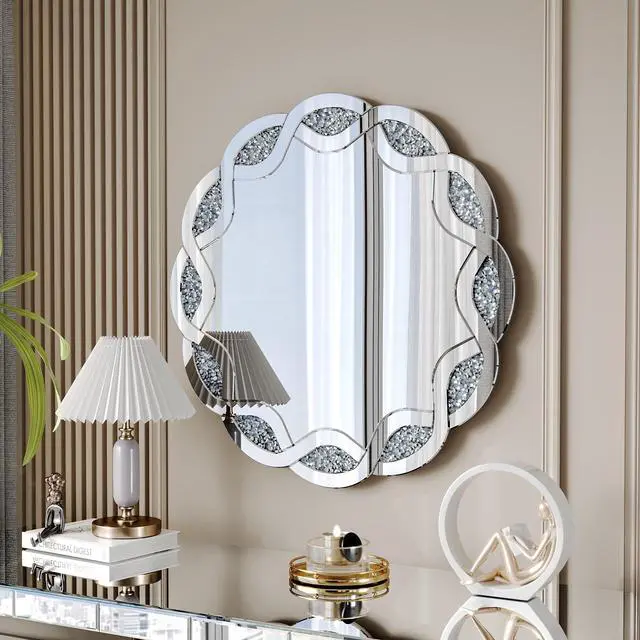 Alt view image 3 of 7 - Silver Crush Diamond Round Wall Mirror, 31.5 Inch Wave Frame Decorative Mirror for Living Room, Bathroom, Bedroom, Hallway, Heavy Duty Frame with 2 Hangers