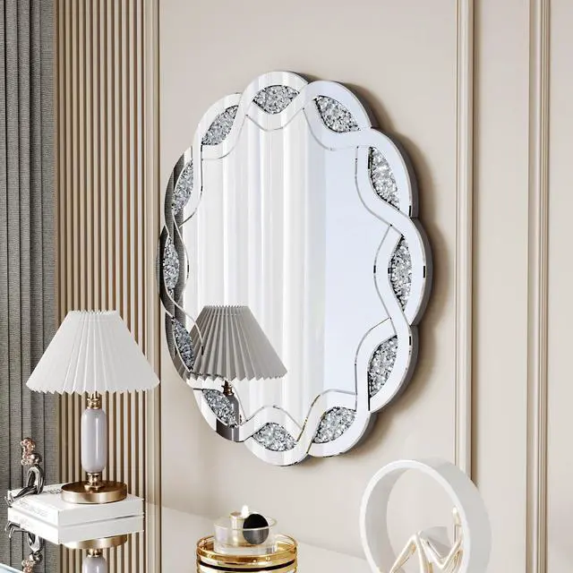 Alt view image 7 of 7 - Silver Crush Diamond Round Wall Mirror, 31.5 Inch Wave Frame Decorative Mirror for Living Room, Bathroom, Bedroom, Hallway, Heavy Duty Frame with 2 Hangers