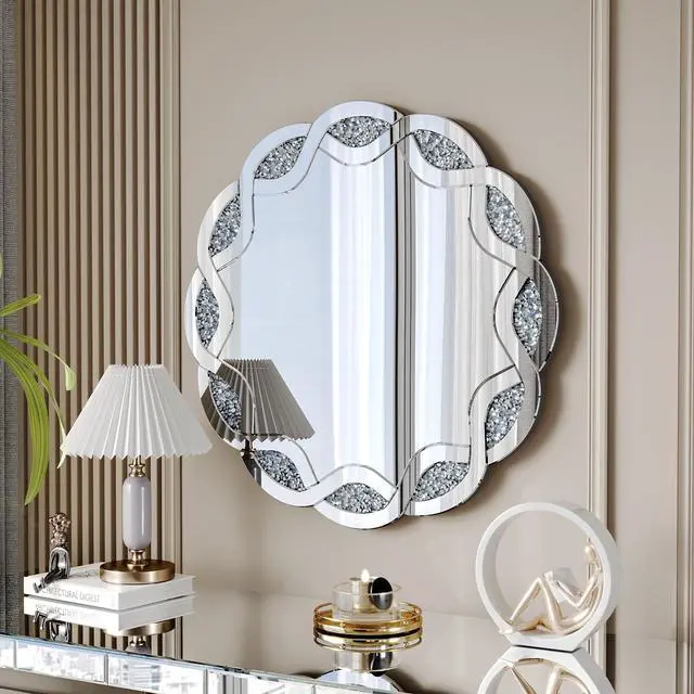 Alt view image 6 of 7 - Silver Crush Diamond Round Wall Mirror, 31.5 Inch Wave Frame Decorative Mirror for Living Room, Bathroom, Bedroom, Hallway, Heavy Duty Frame with 2 Hangers
