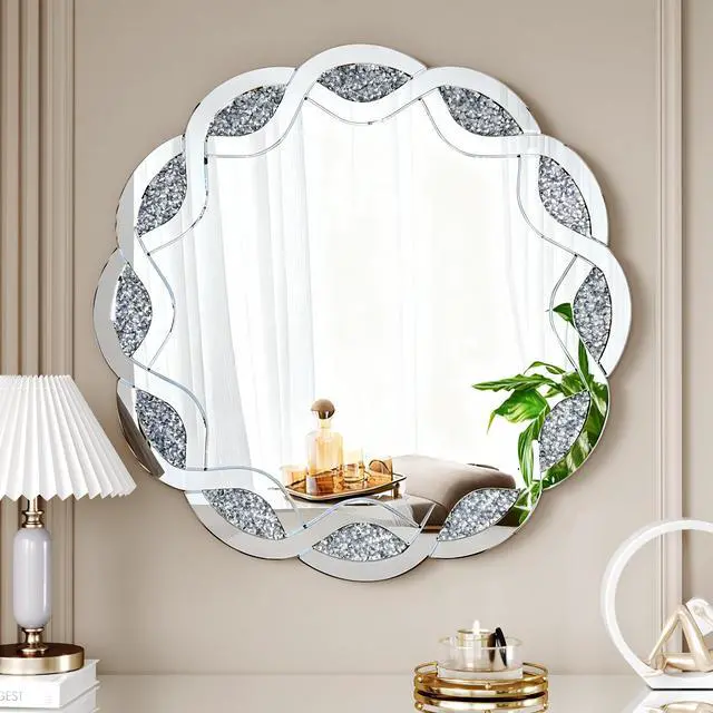 Alt view image 5 of 7 - Silver Crush Diamond Round Wall Mirror, 31.5 Inch Wave Frame Decorative Mirror for Living Room, Bathroom, Bedroom, Hallway, Heavy Duty Frame with 2 Hangers