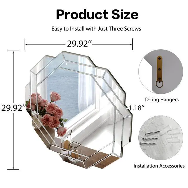Alt view image 6 of 7 - 29.92 Inch Octagonal Living Room Mirror, Beveled Edge Frameless Wall Mirror for Wall Decor, Bathroom, Dining Room and Hallway