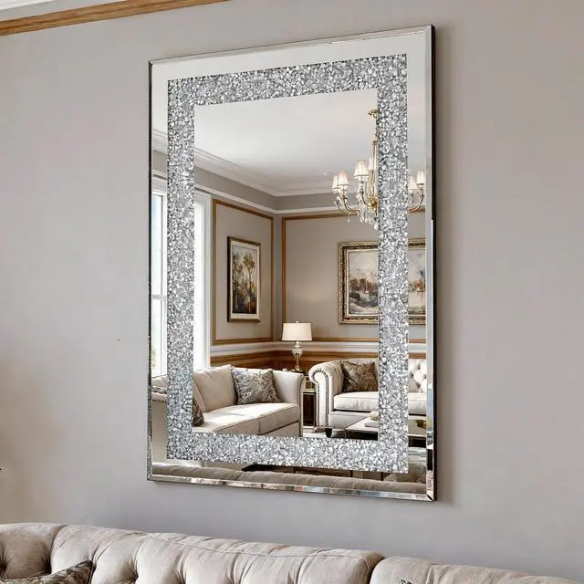Alt view image 2 of 7 - Crystal Crush Diamond Rectangle Silver Mirror for Wall, Large 36x24 Inch Modern Decorative Hanging Mirror with Beveled Edge, for Living Room, Bedroom, Entryway
