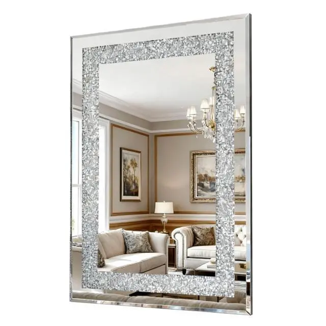 Alt view image 6 of 7 - Crystal Crush Diamond Rectangle Silver Mirror for Wall, Large 36x24 Inch Modern Decorative Hanging Mirror with Beveled Edge, for Living Room, Bedroom, Entryway