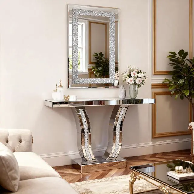 Alt view image 3 of 7 - Crystal Crush Diamond Rectangle Silver Mirror for Wall, Large 36x24 Inch Modern Decorative Hanging Mirror with Beveled Edge, for Living Room, Bedroom, Entryway