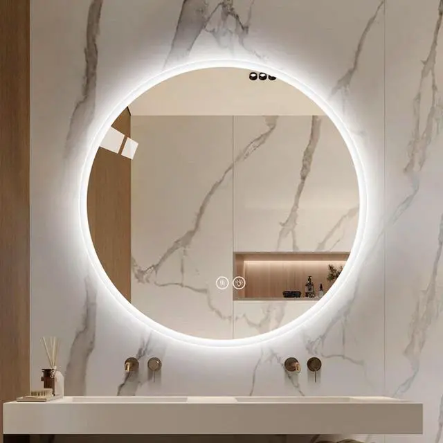 Main image of Round LED bathroom mirror with light, wall-mounted vanity mirror, anti-fog, adjustable color temperature and dimming function, suitable for makeup mirrors in bedrooms and bathrooms