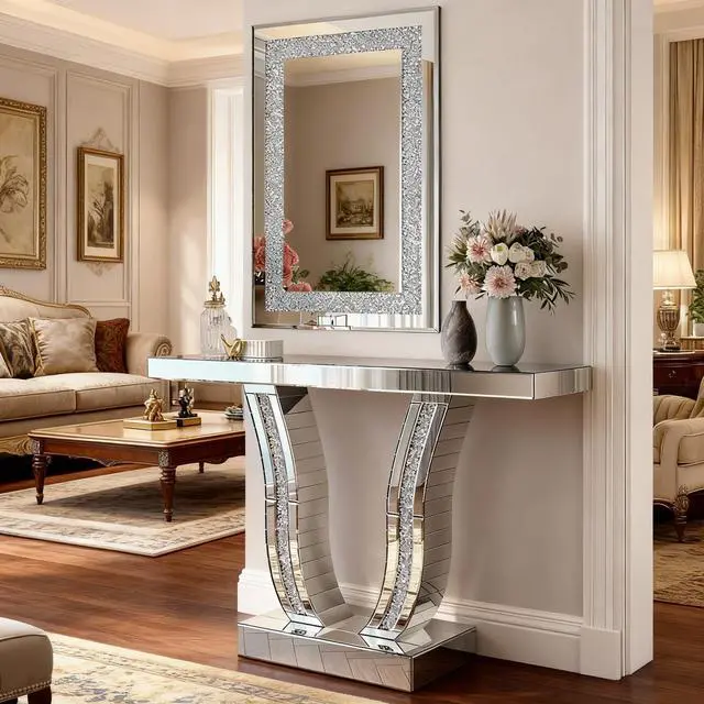 Alt view image 5 of 7 - Crystal Crush Diamond Rectangle Silver Mirror for Wall, Large 36x24 Inch Modern Decorative Hanging Mirror with Beveled Edge, for Living Room, Bedroom, Entryway