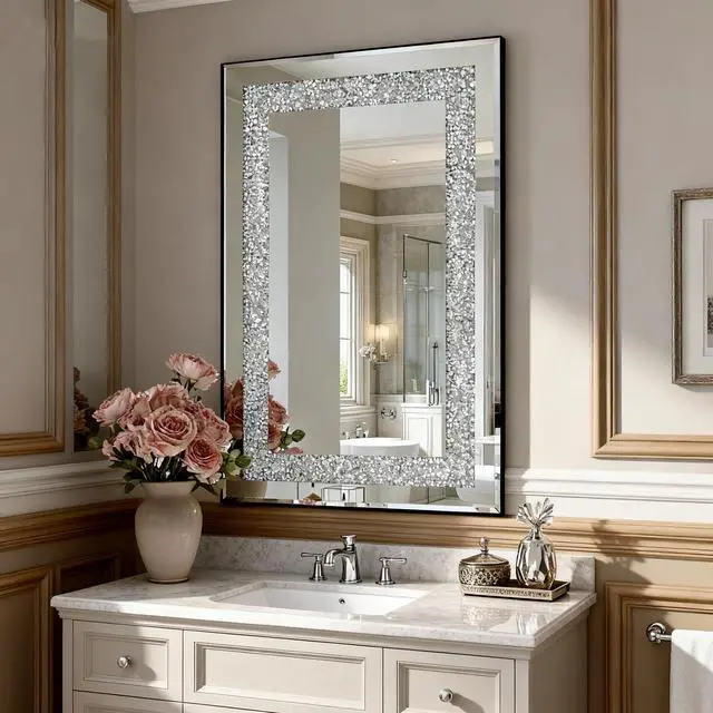 Main image of Crystal Crush Diamond Rectangle Silver Mirror for Wall, Large 36x24 Inch Modern Decorative Hanging Mirror with Beveled Edge, for Living Room, Bedroom, Entryway
