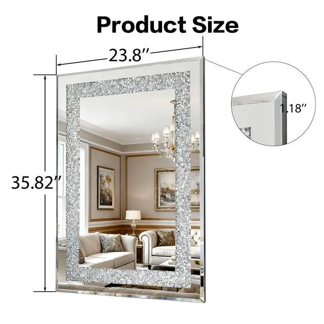 Alt view image 7 of 7 - Crystal Crush Diamond Rectangle Silver Mirror for Wall, Large 36x24 Inch Modern Decorative Hanging Mirror with Beveled Edge, for Living Room, Bedroom, Entryway