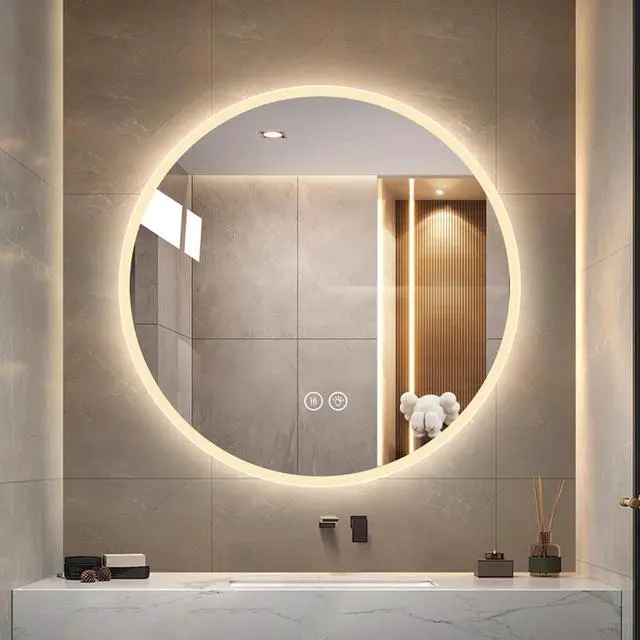 Alt view image 2 of 7 - Round LED bathroom mirror with light, wall-mounted vanity mirror, anti-fog, adjustable color temperature and dimming function, suitable for makeup mirrors in bedrooms and bathrooms