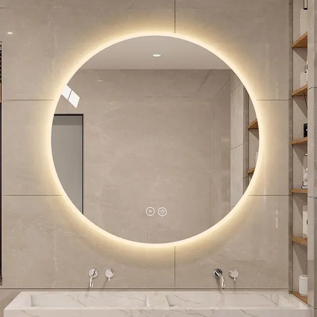 Alt view image 3 of 7 - Round LED bathroom mirror with light, wall-mounted vanity mirror, anti-fog, adjustable color temperature and dimming function, suitable for makeup mirrors in bedrooms and bathrooms