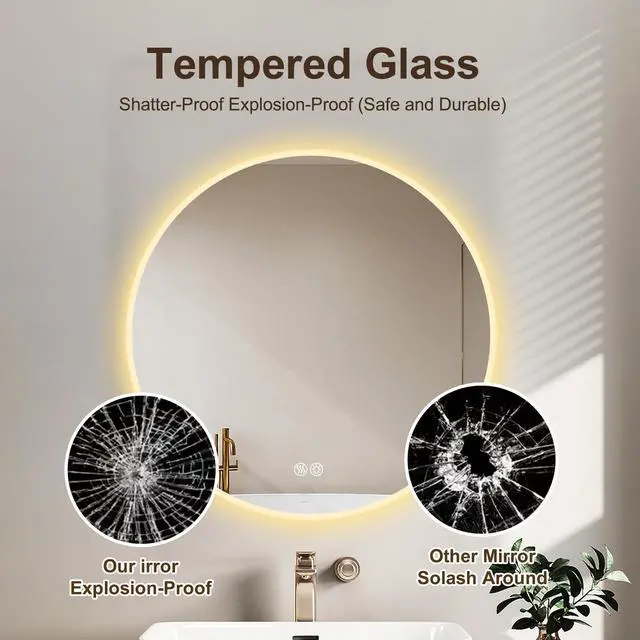 Alt view image 4 of 7 - Round LED bathroom mirror with light, wall-mounted vanity mirror, anti-fog, adjustable color temperature and dimming function, suitable for makeup mirrors in bedrooms and bathrooms